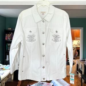 NEW White JM Collection Stretch Denim Jacket with Rhinestone Detail Size 16